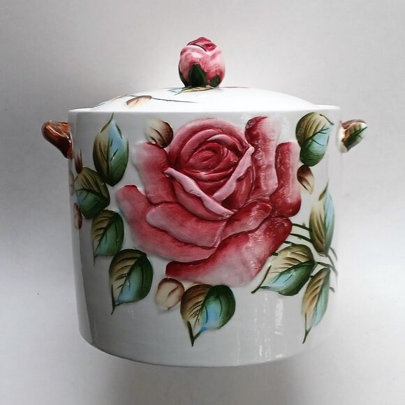 VTG Victorian Style Cookie Jar Canister Embossed Roses Rose Bud Finial 1950s Lef - Picture 1 of 16